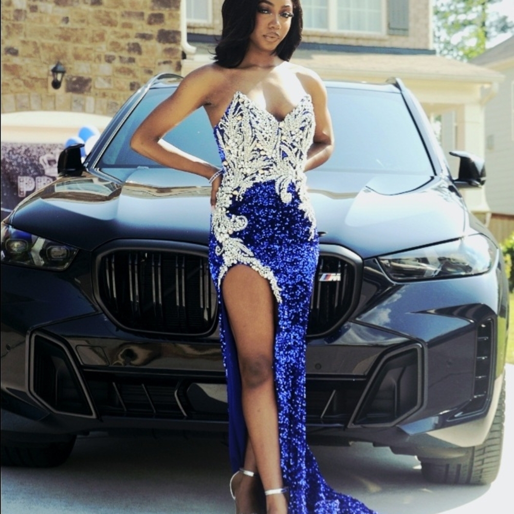 Portia and Scarlett White and Blue Sequin Embellished Gown